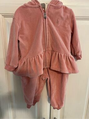 Ralph Lauren Baby Dusty Pink Velour Hooded 2-Piece Set 3-6M